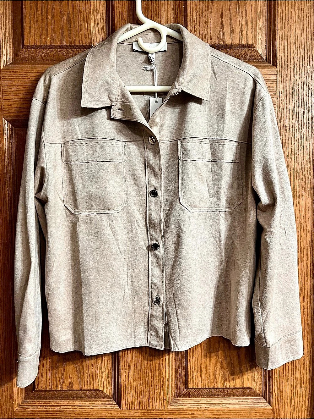 Fever Long Sleeve Faux Suede Button Down in Beige